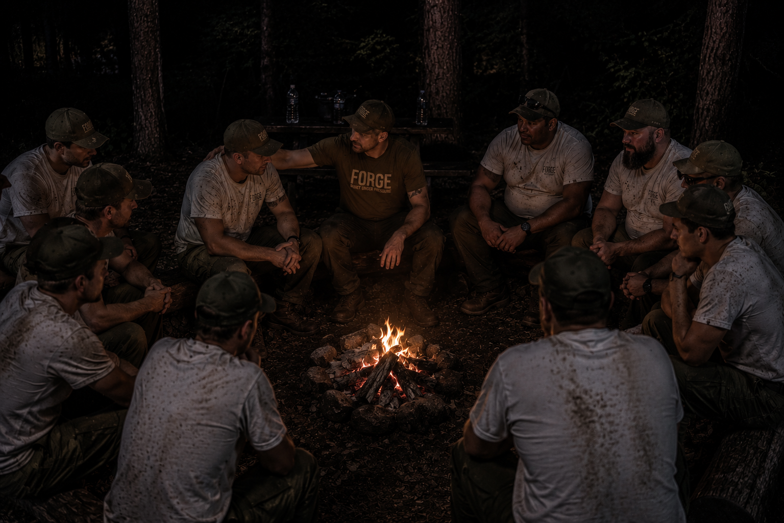 FORGE group in a debrief circle around a campfire at night