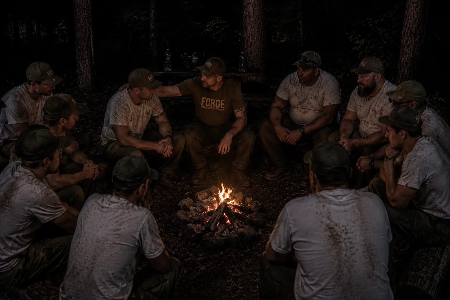 FORGE group in a debrief circle around a campfire at night