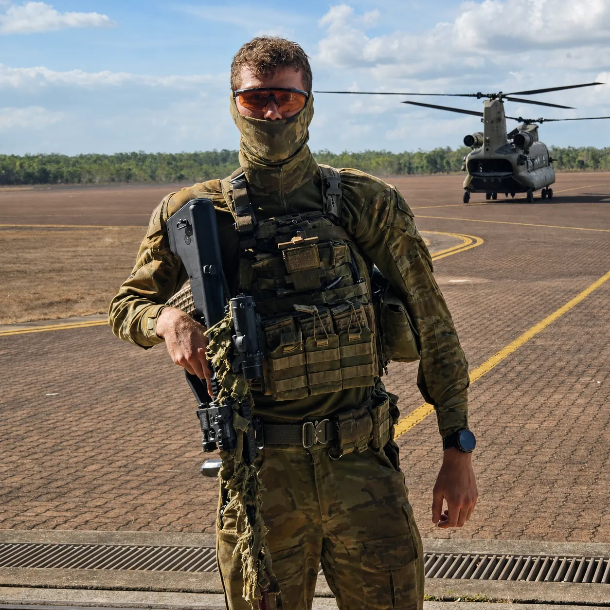 Ruben in Australian Army field uniform on an airfield with a Chinook helicopter behind him