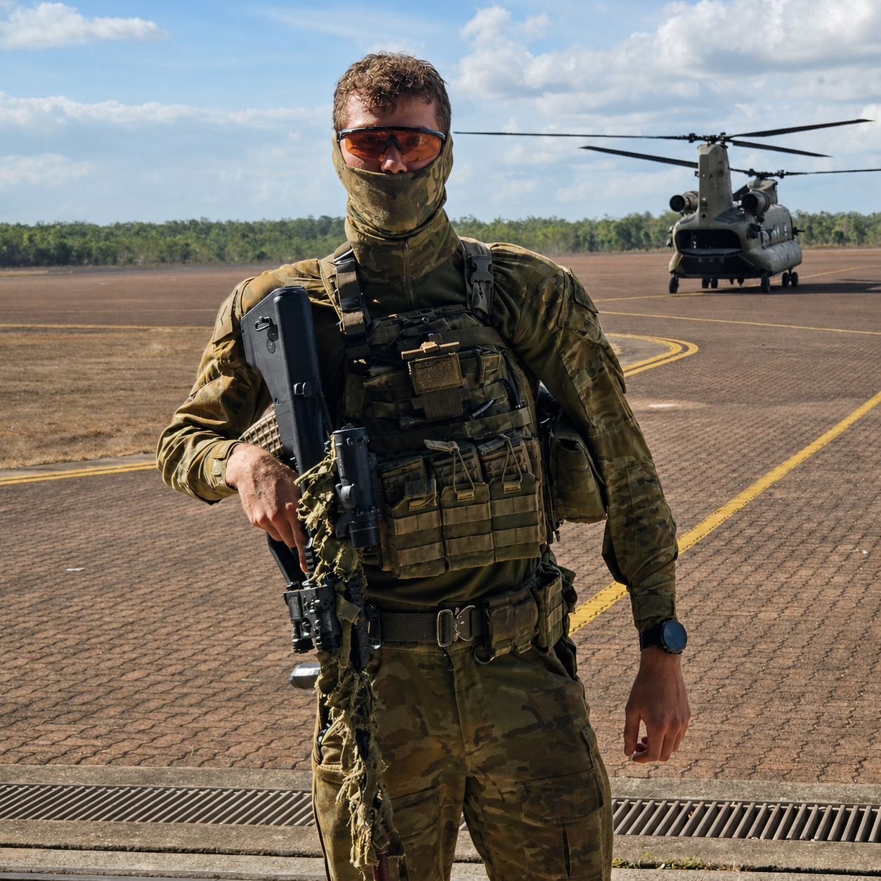 Ruben in Australian Army field uniform on an airfield with a Chinook helicopter behind him
