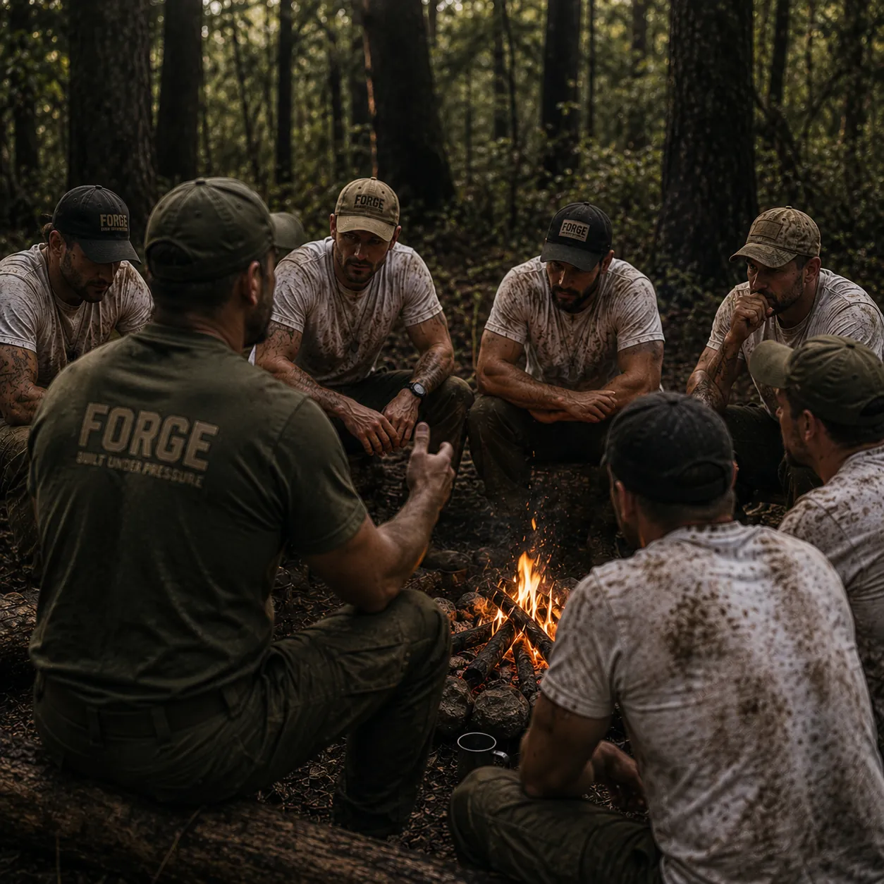 Forge participants gathered around a campfire with staff during a group reflection session