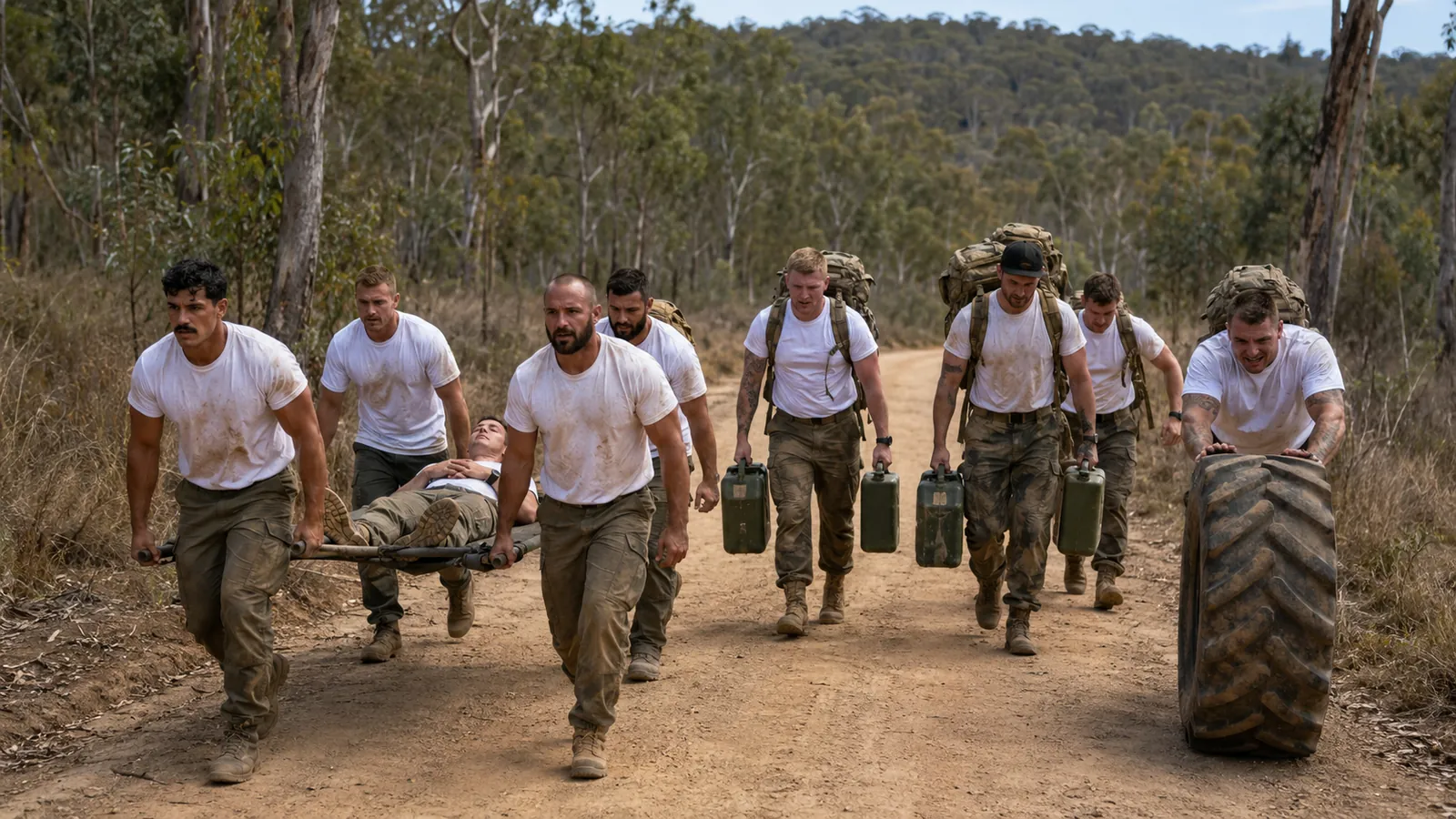 Forge participants completing a team endurance challenge with a stretcher, water containers and a tyre
