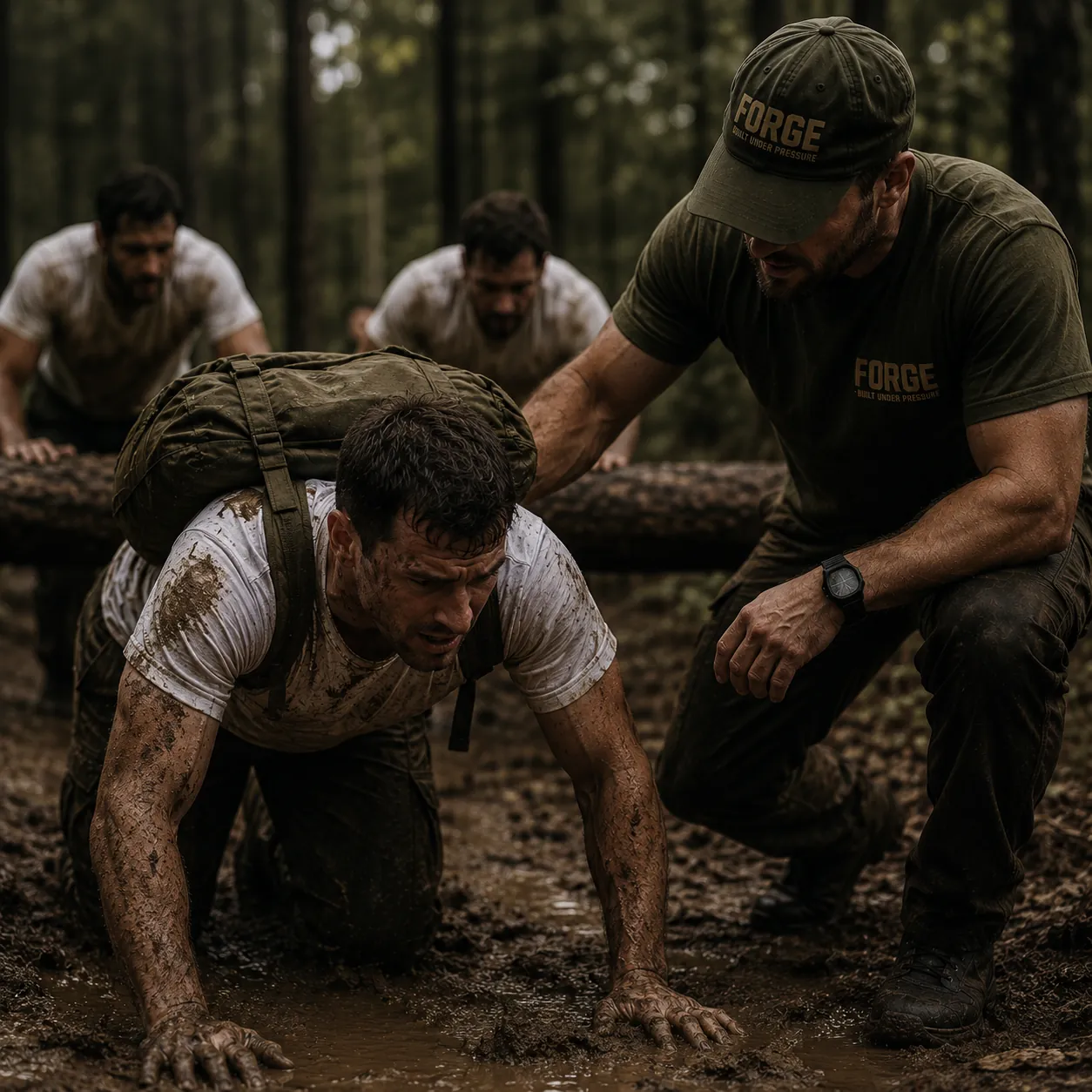 Forge participant completing a physical challenge with a Forge staff member supporting him in the field